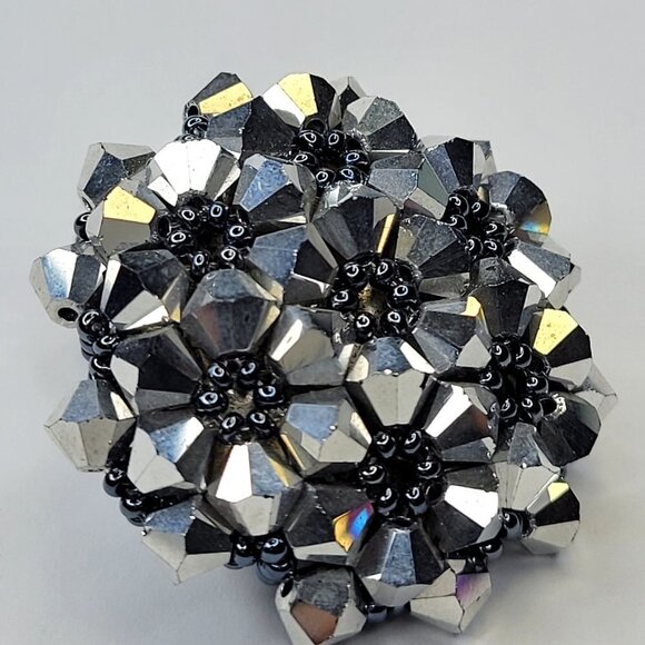 Silver Sparkling Crystal Ring Bicone Beads Cluster Ring Glitter Stretch Ring - Picture 2 of 10